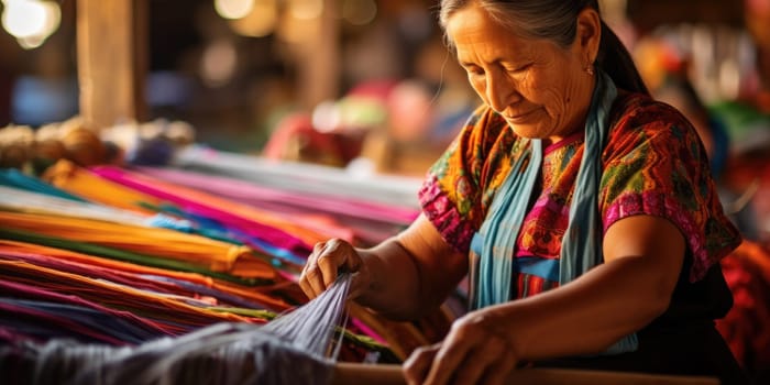 Master weaver is weaving the tapestry with diverse bright threads, close up. Artisanal at work. AI Generated