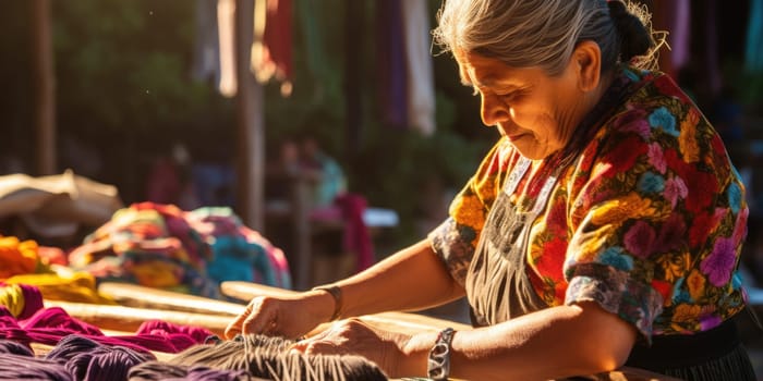 Master weaver is weaving the tapestry with diverse bright threads, close up. Artisanal at work. AI Generated