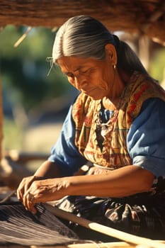 Master weaver is weaving the tapestry with diverse bright threads, close up. Artisanal at work. AI Generated