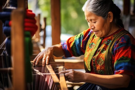 Master weaver is weaving the tapestry with diverse bright threads, close up. Artisanal at work. AI Generated