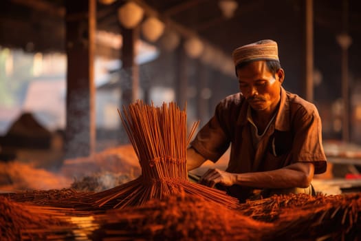 Traditional artisanal work. male worker in incense sticks. AI Generated