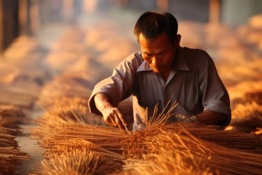 Traditional artisanal work. male worker in incense sticks. AI Generated