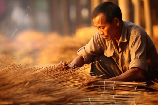 Traditional artisanal work. male worker in incense sticks. AI Generated