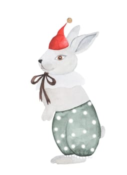 cute christmas vintage bunny. watercolor drawing without background. for your design banner cards invitation print on pillows t-shirts. High quality illustration