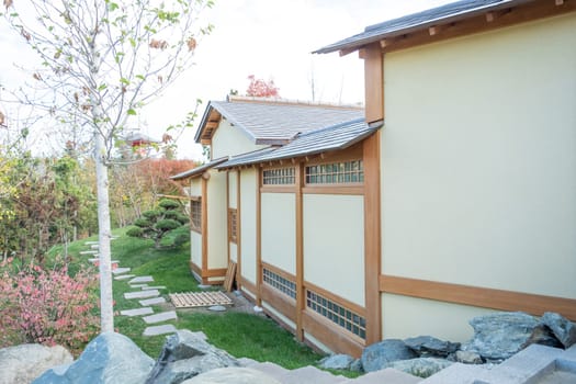 closeup of traditional wooden Japanese house outdoors