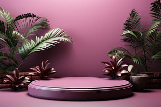 3D render of purple background with tropical leaves and podiums, 8k by Generative AI.