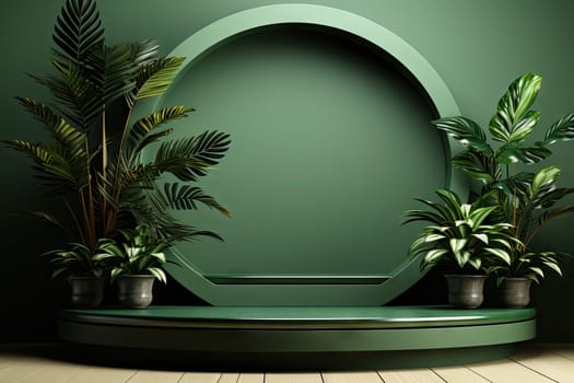 3D render of green background with tropical leaves and podiums, 8k by Generative AI.