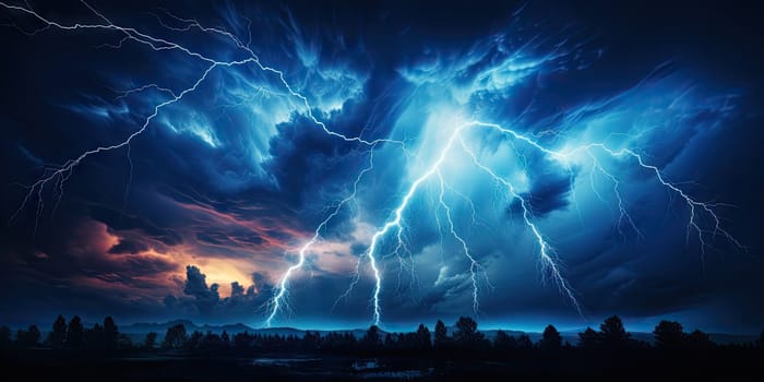 Bright lightning that lit up the dark night sky during an electrical storm. Thunderstorm concept by Generative AI.