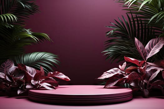 3D render of purple background with tropical leaves and podiums, 8k.