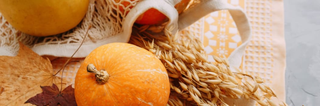 Mesh shopping bag with vegetables. Autumn pumpkin harvest.