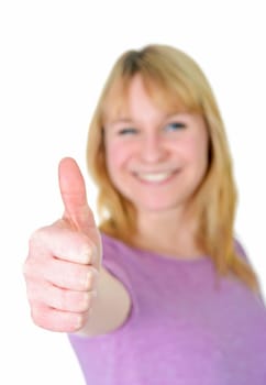 woman shows thumbs up