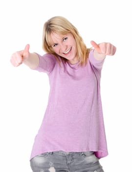 woman shows thumbs up