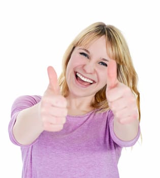 woman shows thumbs up