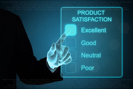 business hand pushing product satisfaction on a touch screen interface