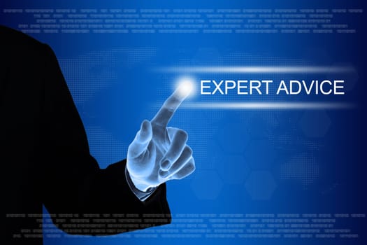 business hand pushing expert advice button on a touch screen interface