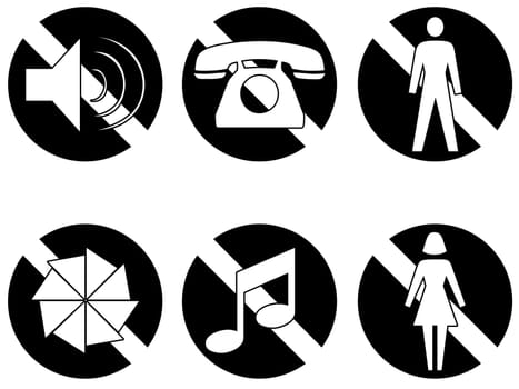 Six symbols showing things that are banned or not permitted, no sound, no telephones, no men, no photography, no music no women, black and white illustration