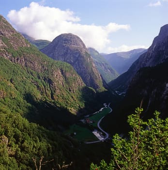 Naeroydal Valley with village in Norway