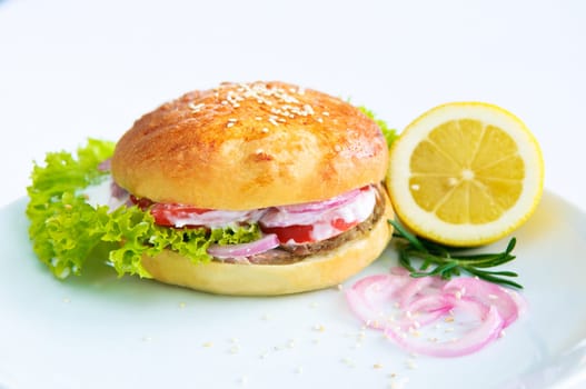 A big juicy burger ready to satiate your lunchtime appetite