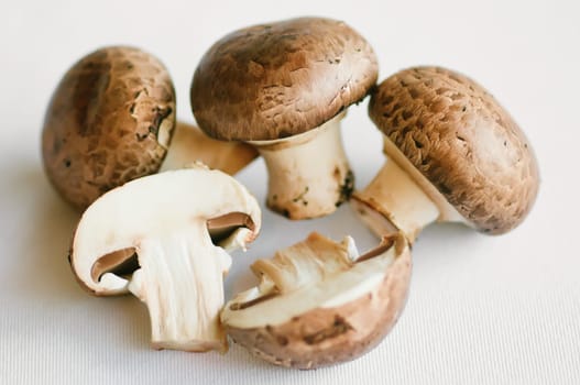 raw mushrooms (champignons) on a white table
