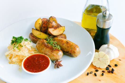 Italian Sausage with wegetables on dish and ketchup