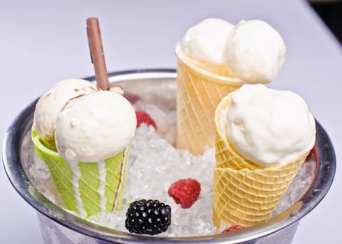 Ice cream in an ice bucket and fruit