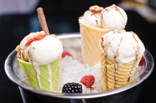 Ice cream in an ice bucket and fruit