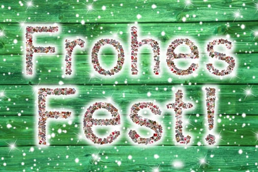 Merry christmas text in german letters on wooden green background.
