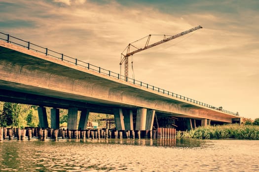 Bridge construction area with a crane