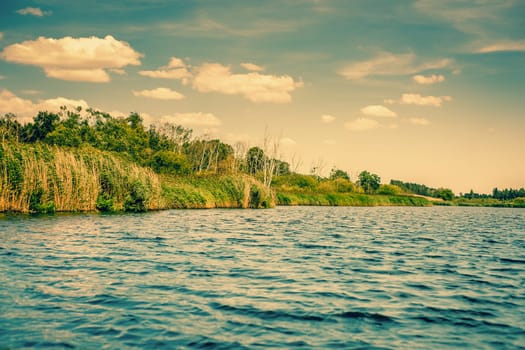 Green riverside with blue water and sky