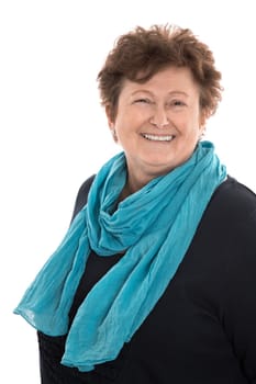 Portrait of a satisfied happy older woman isolated over white.