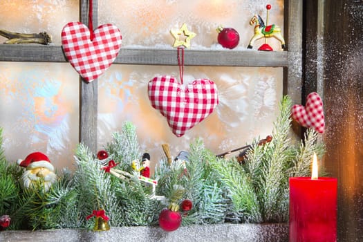 Rustic lantern with candlelights for christmas - classic in red and white