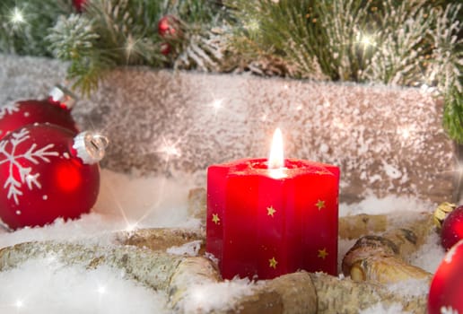Rustic lantern with candlelights for christmas - classic in red and white