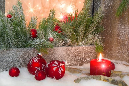 Rustic lantern with candlelights for christmas - classic in red and white