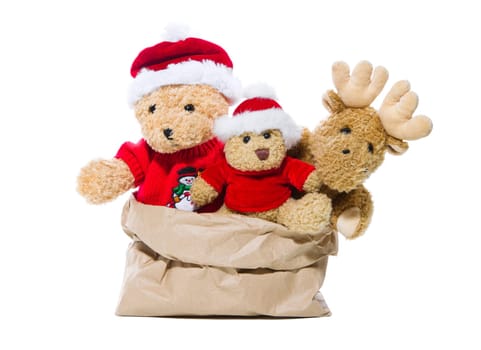 Group of teddy bears isolated for red christmas decoration - concept team