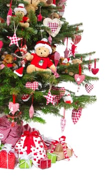 Isolated christmas tree in red decoration with gift boxes and presents