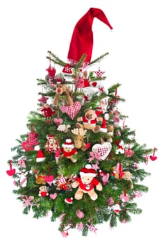 Colorfully decorated isolated Christmas tree with red decoration - traditional in red and green with checkered objects in Country style