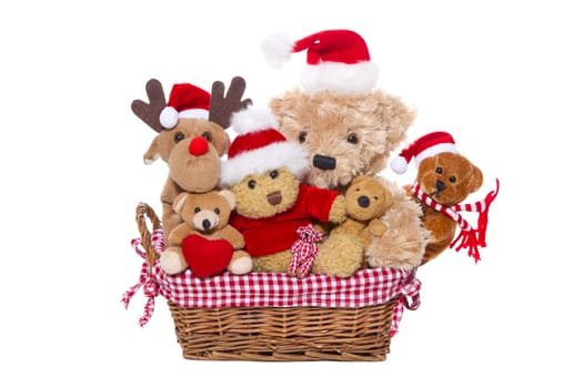 Group of teddy bears isolated for red christmas decoration - concept team