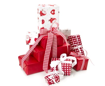 Red isolated gift boxes for christmas - with santa claus and red white checkered ribbon