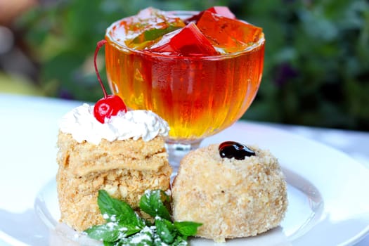 Sweet jelly and pastry dessert (closup, selective focus)