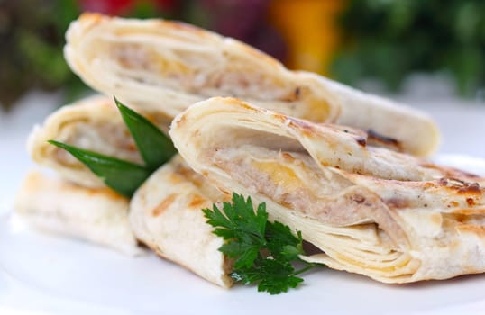Roasted pancake with meat and greens (closeup, selective focus)