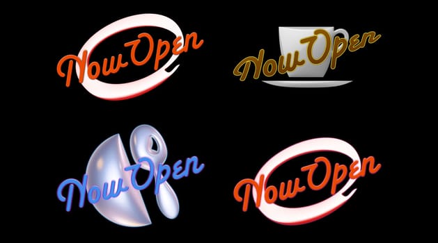 four different Now Open signs on black.