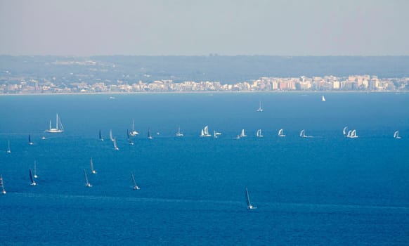 Sailing boat yacht or sailboat group regatta race on sea or ocean water. Panoramic view.