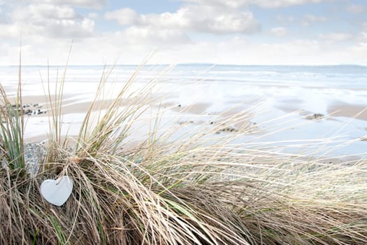 single wooden love heart in dunes on an Irish beach in summer
