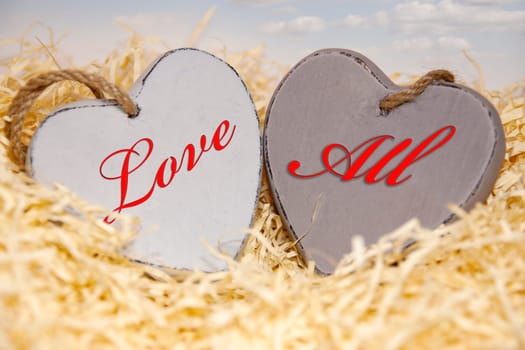 two wooden hearts in a love nest made of straw on a wooden background