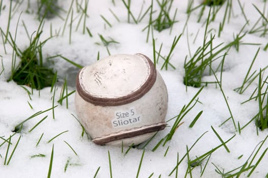a size 5 sliotar Irish leather hurling ball in snow covered grass