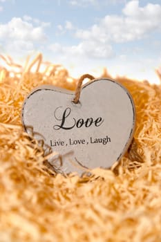 single wooden heart in a love nest made of straw