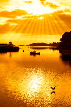 warm orange silhouette of boat and birds at sunset over the river Eske in Donegal town county Donegal Ireland