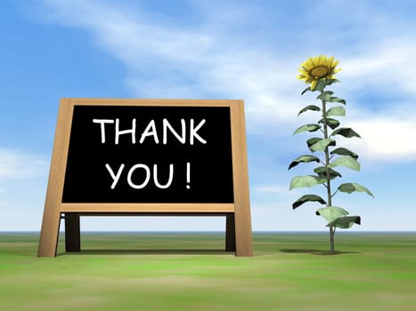Blackboard saying thank you upon grass with sunflower by beautiful day - 3D render