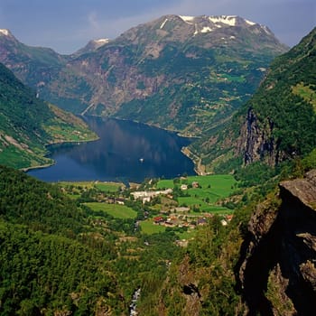 Geiranger Fjord in Norway with Village