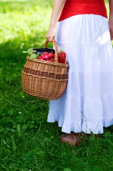 Young woman holding basket filled fresh vegetables